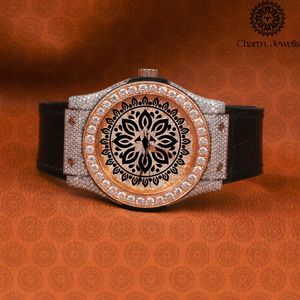 Charm_Jewells Luxury Round Quartz <b>Watch</b> 42mm Yellow Gold Case Leather Band Sapphire Crystal <b>Diamond</b> Bezel Hollow Out Design - Product Image 1