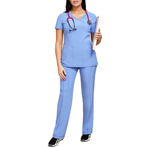 Women Light Blue V-Neck <b>Scrub</b> <b>Set</b> with Pockets Hospital Uniforms Cotton Polyester Woven Fabric Needle Detection - Product Image 1