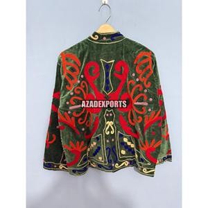 Green <b>Velvet</b> Mandarin Collar Jacket with <b>Red</b> Embroidery Full Sleeve Winter Women's Outerwear Quick Dry Cotton Lining Pullover - Product Image 5