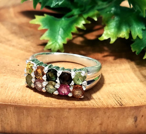Natural Multi Color Gemstone Ring, 925 Sterling Silver Ring Colorful Stackable Rings Multi Tourmaline Gemstone Jewelry for Women - Product Image 5