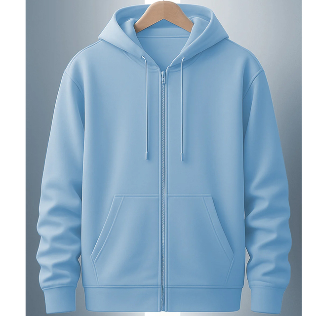 Men's Light Blue Hooded Zip-Up Sweatshirt Regular Fit Solid Color Casual French Terry Hoodie with Kangaroo Pocket