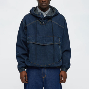 <b>Mens</b> Dark Blue <b>Denim</b> Hooded <b>Jacket</b> Oversized Pullover Sweatshirt Long Sleeve Casual Streetwear Anorak <b>with</b> Drawstring <b>Hood</b> - Product Image 1