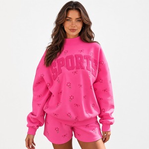 Ensemble sweat-shirt et short imprimé pour femmes, haut décontracté à manches longues et col montant, short assorti à taille élastique, tenue décontractée en deux pièces - Product Image 5