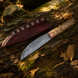 Cuchillo Curvo Estilo Vikingo Hecho a Mano con Hoja de Acero al Carbono, Mango Grabado y Funda de Cuero - Product Image 4