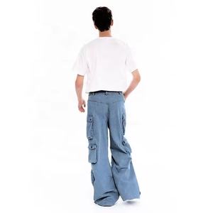 Pantalones Cargo de Mezclilla para Hombre, Corte Holgado, Cintura Media, Pierna Ancha, Estilo Casual Urbano, Color Sólido, Tela de Algodón, Estilo Veraniego - Product Image 4