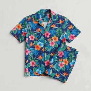 Ensemble 2 pièces personnalisé pour homme, été, imprimé floral hawaïen, chemise à col camp et short de plage assortis, tenues de resort - Product Image 1