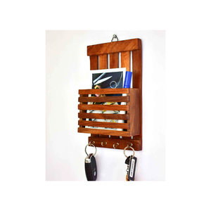 Natural Wooden Magazine & Key Holder Wall Mounted Mail Organizer <b>Kitchen</b> Entryway Storage Rack with <b>Hooks</b> Modern Design - Product Image 3