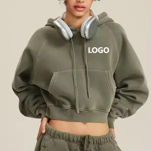 Nouveau modèle 2026 OEM, tendance, avec poches, logo personnalisé, haute qualité, 100% polyester, lavage rapide, sweat à capuche court vierge pour femme avec cordon de serrage - Product Image 1