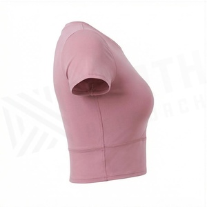 Pink Crew Neck Short Sleeve <b>Crop</b> <b>Top</b> With <b>Mesh</b> Cut-Out Seamless Yoga Wear Women's Sportswear - Product Image 3