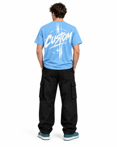 Camiseta Personalizada al por Mayor, 240 GSM, 100% Algodón, Azul Cielo, Corte Regular, Cuello Redondo, Estampado de Grafiti en la Parte Delantera y Trasera, Unisex - Product Image 3