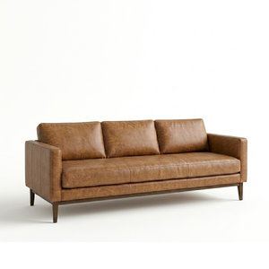 Sofá de Cuero Genuino Marrón con Patas de Madera Maciza, Estilo Moderno de Mediados de Siglo, Sofá de 3 Plazas, Sofá de Cuero Premium y Muebles para Sala de Estar - Product Image 2