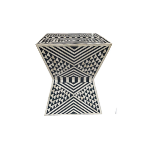 Tabouret en résine fait main de haute qualité, motif géométrique noir et blanc moderne, incrustation d'os, forme sablier, table d'appoint à vendre - Product Image 1