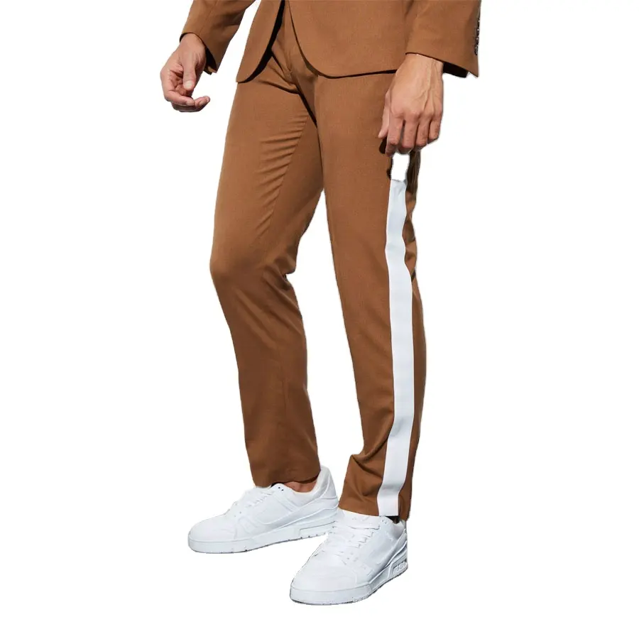 Nieuwe Zomer Aankomst Heren Bruine Kleur Basis Straight Fit Casual Broek Met Witte Panelen Mannen Aangepaste Broek