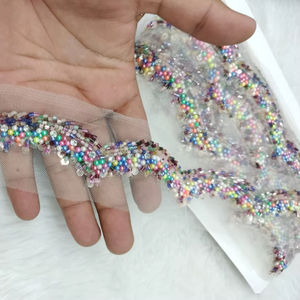 Tissu en dentelle de luxe écologique avec perles et broderie française à motif géométrique pour robes de mariée et tenues de soirée - Product Image 1