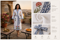 Robe en coton brodée de fleurs pour femmes, col en V, manches trois quarts, longueur genou, vêtements de nuit classiques doux, blanc avec bordure bleue