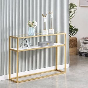 Consolle d'ingresso in MDF color oro, tavolo da divano in finto marmo per soggiorno e hall di hotel, elegante tavolo da ingresso - Product Image 2