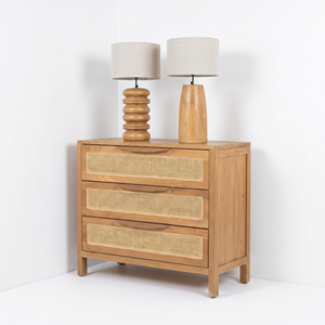 Teak Wood Sideboard Rattan Webbing 3 Drawer Accent Cabinet Low Dresser <b>Storage</b> <b>Chest</b> for Modern Living Room Furniture Wholesale - Product Image 1