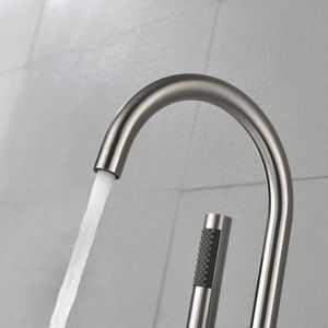Robinet de baignoire sur pied à débit élevé en nickel brossé, mitigeur de douche mural avec douchette à main, robinets de bain et de douche - Product Image 6