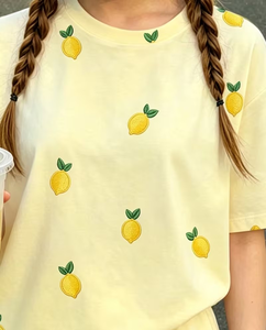 Girls 2-Piece Lemon Print Set Short Sleeve Top with Shorts Summer Outfit Comfortable Breathable Cotton Casual Wear Customizable - Product Image 5