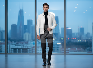 Zarina Wear <b>Men</b> Genuine Leather Canvas <b>Jacket</b> <b>White</b> Office Casual Fashion Shirt Collar Zip up Minimalist Style Front Logo OEM - Product Image 6