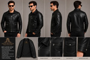 Veste en cuir véritable noire pour homme avec surpiqûres contrastantes blanches, fermeture éclair classique, style motard décontracté, respirante, en cuir de vachette premium pour l'hiver - Product Image 4