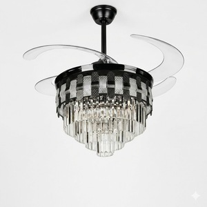 <b>Crystal</b> Chandelier <b>LED</b> Remote Control <b>Light</b> Fixture for Modern Home Invisible Blade <b>Ceiling</b> Fan Luxury Black Mesh Design - Product Image 1