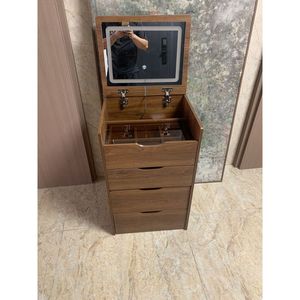 Set da Trucco Compatto 3-in-1 in Noce con Specchio Ribaltabile da 60cm e Piano in Vetro Visibile, Piccola Scrivania per Trucco - Product Image 5