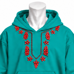 Sudadera con Capucha Teal Indus Bordada con Diseño Floral Decorativo, Bolsillo Canguro, Estilo Casual Relajado, Ropa Urbana de Invierno - Product Image 3