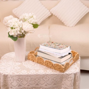 Plateau festonné en jacinthe d'eau tressée, plateau festonné en jacinthe d'eau tressée avec poignées, décoration rustique naturelle pour la maison, vente en gros - Product Image 5