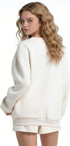 Solid Color Two Piece Women Long Sleeve Crew Neck Sweatshirt & Drawstring Wide Leg Shorts Lounge Home Outfit <b>Twin</b> <b>Sets</b> - Product Image 3