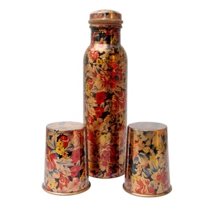 Handmade Decorative <b>Copper</b> <b>Bottle</b> & Tumbler Set | 100% Pure <b>Copper</b> Pitcher | Floral Print Gift Set | Wholesale Indian Drinkware - Product Image 1