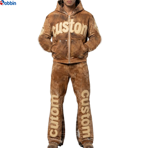 Conjunto de Sudadera con Capucha Casual Estampada Personalizada de Última Tendencia para Hombre, Pantalones de Chándal Acampanados Bordados, Chándal Vintage de Estilo Urbano de Gran Gramaje - Product Image 2