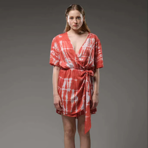 Women’s Red Tie Dye Wrap <b>Dress</b> Short Sleeve V Neck Mini <b>Dress</b> Casual <b>Summer</b> <b>Boho</b> Style Lightweight <b>Dress</b> - Product Image 1