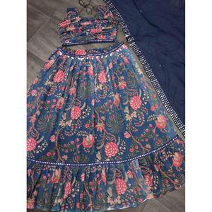 ÚLTIMO TRABAJO DE IMPRESIÓN DIGITAL GEORGETTE LEHENGA CHOLI CON DUPATTA AZUL MARINO - Product Image 3