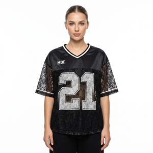 Maillot de football américain noir en dentelle pour femme, col en V, maille transparente, manches courtes, t-shirt personnalisé avec numéro, coupe oversize, haut de sport pour le jour du match - Product Image 3