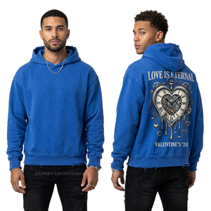 Royal Blue Distressed Hem Hoodie <b>Men</b> Clockwork Gear Heart Graphic Print Streetwear Heavyweight Oversized <b>Pullover</b> Factory Price - Product Image 1