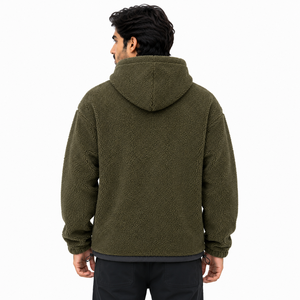 Custom Mens Olive <b>Sherpa</b> <b>Fleece</b> Utility Hoodie Heavy Winter Pullover with Pockets OEM Apparel Manufacturer - Product Image 2