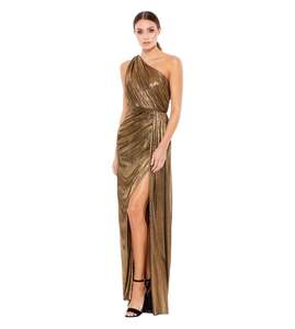<b>Gold</b> One Shoulder Metallic Sequined Pleated Mermaid Evening <b>Dress</b> with Side Slit Chapel Train Anti-Wrinkle - Product Image 1