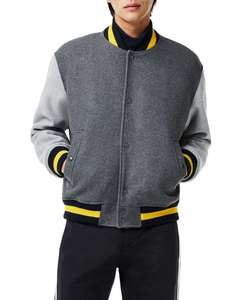 Chaqueta Varsity de Lona 100% Lana para Hombre, Gris con Ribete Amarillo, Cuello Alto, Resistente al Viento, Corte Regular, Informal, para Invierno - Product Image 1