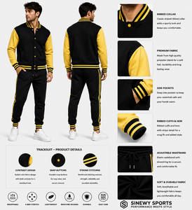 ชุดแจ็คเก็ตวาร์ซิตี้และกางเกงวอร์มผู้ชาย SINEWY SPORTS สีดำ-เหลือง ตัดต่อสีแบบบล็อก ติดกระดุมแป๊ก - Product Image 1