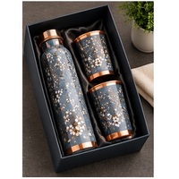Ensemble de bouteilles d'eau minimalistes en cuivre pur avec motif floral et bordure en cuivre, vaisselle portable pour les voyages