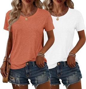 T-shirt en coton uni à col rond et manches courtes pour femme, coupe ample, décontracté, idéal pour l'été, tissu jersey respirant - Product Image 1