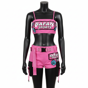 ชุดบิกินี่พรีเมียม 185 GSM ผ้าโพลีเอสเตอร์ผสมสแปนเด็กซ์ สีชมพู ผ้าเนื้อยืด พร้อมกระเป๋าคาดเอว  ตกแต่งด้วยลายปักโลโก้ สำหรับผู้หญิง - Product Image 1