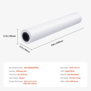 Rotoli di carta CAD per plotter di grande formato da 24 pollici x 150 piedi, 4 rotoli di carta Idea da 20 libbre, 2 rotoli master a 2 anelli per plotter - Product Image 4