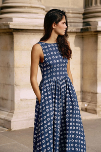 Vestido Midi Boho para Mujer, Azul a Cuadros, Tejido, Ecológico, Vintage, Casual, Holgado, Sin Espalda, Sin Mangas - Product Image 2