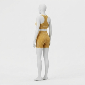 Women Mustard <b>Yellow</b> Acid Wash Yoga Set Sports <b>Bra</b> High Waist Biker Shorts Gym Fitness Workout Activewear - Product Image 2
