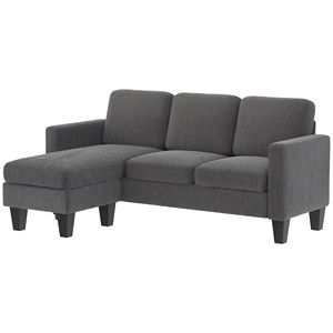 Divano Sezionale in Pelle Grigio Scuro con Chaise Longue Reversibile o Pouf, 3 Posti con Braccioli Dritti per Seminterrato - Product Image 1