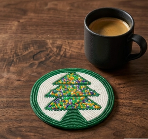 Handmade Beaded <b>Coaster</b> with Tree Design, Round Colorful Embroidered <b>Drink</b> <b>Coaster</b> Festive Table Decor Gift <b>for</b> Home - Product Image 2