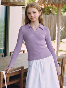 เสื้อโปโลเด็กผู้หญิง แขนยาว ผ้าริบ สีม่วง ชุดนักเรียน คอวี ยืดหยุ่น นุ่ม สบาย - Product Image 4