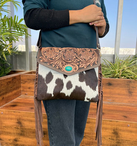 Sac à main à franges en cuir de vachette taillé à la main bohème pour femmes Western véritable cuir Turquoise pierre enveloppe sac à main - Product Image 3